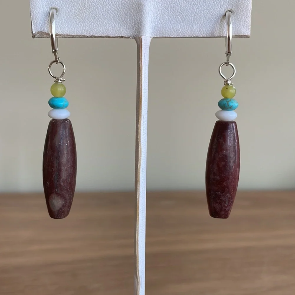 HAND CRAFTED EARRINGS Brown White Turquoise Green Natural Stones